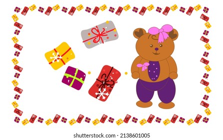 teddy bear,gift boxes,decorative frame.the decorative design set is editable.high quality vector illustration.for your design,packaging, wallpaper,printing, knitwear, textiles, background,poster