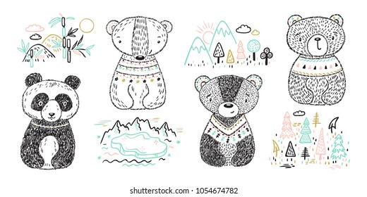 Teddy Bears and Animal Habitat Vector Set. Hand drawn Doodle Cute Baby Panda, Polar bear, Grizzly, Brown Bear. Cartoon tribal Animals Vector illustration. T-shirt print Scandinavian design for kids. 