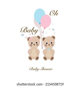 Teddy bears. Baby shower greeting card with teddy bear and balloon greeting card. Baby first birthday, t-shirt, baby shower, baby gender reveal party design element vector