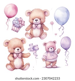 teddy bears and balloon, pink balloon, purple balloon