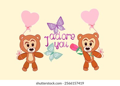 Teddy bears with balloons, heart, flower, butterflies, cartoon characters, short text, on transparent background.