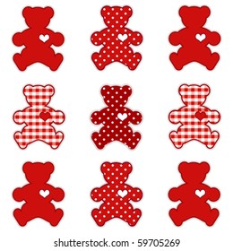 Teddy Bears with big hearts in Valentine's Day red gingham and polka dots for baby books, scrapbooks and albums. EPS8 compatible.