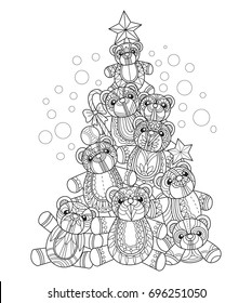 Teddy tiene un árbol de Navidad. Dibujo estilizado de Zentangle aislado de fondo blanco.