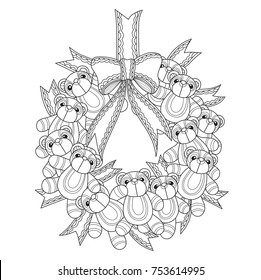 The Teddy bears Christmas wreath. Zentangle stylized cartoon isolated on white background.