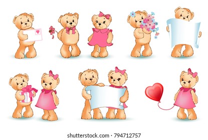 Teddy bears collection on Valentines day, characters with balloons and toys, love letters and flowers, sheet of paper, isolated on vector illustration