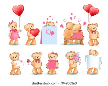 Colección de osos de peluche el día de San Valentín, personajes con globos y juguetes, cartas de amor y flores, hoja de papel, aislados en ilustración vectorial