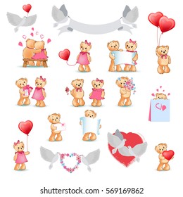 Teddy Bears collection on white. Toy presents for Valentine's Day vector poster. Bears holding greeting cards, red heart balloons, hugging, sitting on bench and doves with wreaths decorative elements