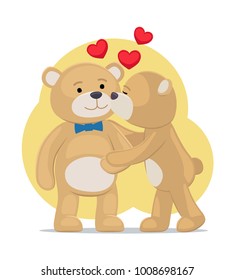 Teddy bears couple, female kisses male in cheek, hearts above them, vector illustration of merry lovers animals isolated on white background