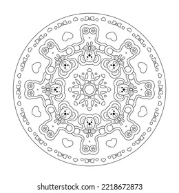 Teddy bears. So cute. Christmas mandala. Coloring page. Vector illustration.