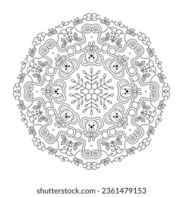 Teddy bears. So cute. Christmas mandala. Coloring page. Vector illustration.