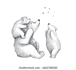 Teddy Bears hace un lindo sketch familiar contemplando estrellas dibujando dibujos a mano dibujos animados de dibujos animados.