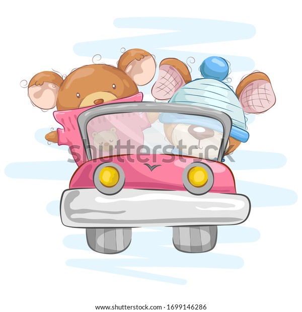 Teddy bears driving\
with background pattern
