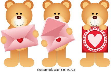 Teddy bears with envelope and heart postcard
