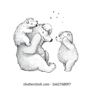 Teddy bears family mother of dad playing with cubs, hand drawn pencil monochrome sketch illustration.Adorable bear mom or father with bear cubs together silly game, humour sketchy drawing vector.