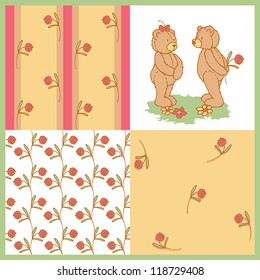 Teddy bears and flowers-seamless and isolated pattern, vector, illustration