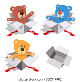 Teddy bears in gift boxes. Vector illustration