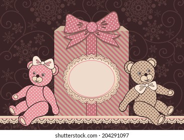 Teddy bears and gift. Greeting card with frame (for your text).  Glamour vintage vector illustration.