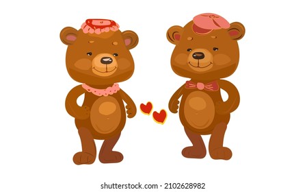 teddy bears are a girl and a boy.couple hearts.the theme of the holiday of love.vector illustration.isolated on a white background.