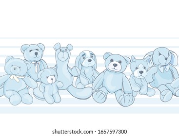 Teddy bears, hare and dogs stuffed hand maade toys. Seamless pattern. Colored vector illustration. Isolated on white background.