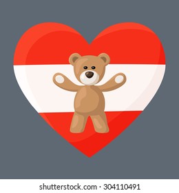 Teddy Bears with heart with flag of Austria. Illustration of travel souvenir from visiting the country.