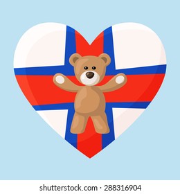 Teddy Bears with heart with flag of Faroe Islands. Illustration of travel souvenir from visiting the country.