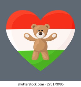 Teddy Bears with heart with flag of Hungary (also simple flag of Tajikistan). Illustration of travel souvenir from visiting the country.