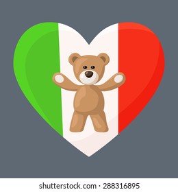 Teddy Bears with heart with flag of Italy (also simple flag of Mexico). Illustration of travel souvenir from visiting the country.