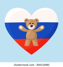 Teddy Bears with heart with flag of Russia. Illustration of travel souvenir from visiting the country.