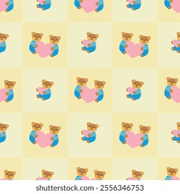 Teddy bears and heart pattern for fabric, seamless background.