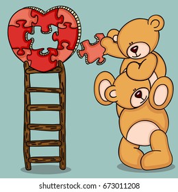 Teddy bears with heart shaped puzzle on top ladder