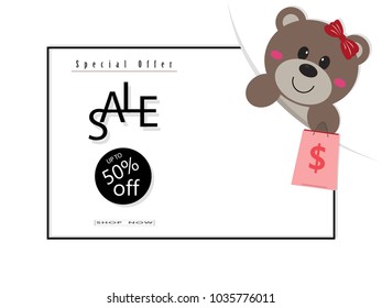 Teddy bears holding bag side view Sale poster, banner,special offer ,shop now, up to 50% off,copy space for text,paper cut Vector illustration eps10.