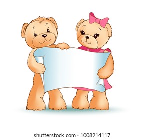 Teddy bears holding empty placard which may be filled with headlines and text, couple standing together, vector illustration isolated on white