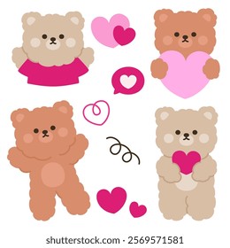 Teddy Bears Holding Hearts and Valentine Decorations Vector Illustration