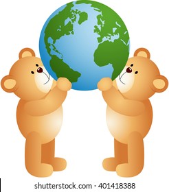 Teddy bears holding world globe