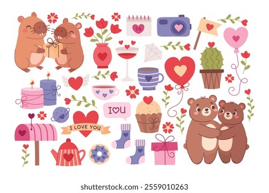 Teddy bears and love romantic elements for valentine's day set. Cute vector hand drawn flat style illustrations isolated on white background. 