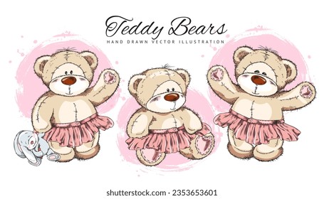 Teddy tiene personajes adorables de chicas que establecen ilustraciones vectoriales dibujadas a mano aisladas en fondo blanco. Colección de osos de peluche para chicas con faldas de tutu rosadas.