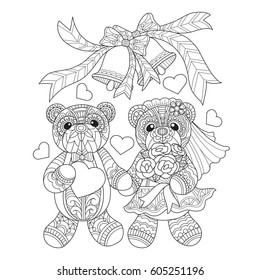 Teddy bears marry. Zentangle stylized cartoon isolated on white background. Hand drawn sketch illustration for adult coloring book, T-shirt emblem, logo, tattoo, zentangle design elements.