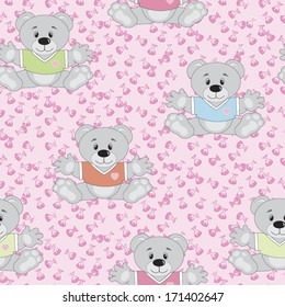 Teddy bears on a background of candy. Seamless pattern