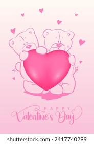 Teddy Bears on a Valentine's Postcard, Holding a Pink Heart. 'Happy Valentine's Day' Shines in Glittering Pink Font with a Soft Shadow. Express Your Love with Flair!