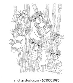  Teddy bears playing in the bamboo jungle.
Zentangle stylized cartoon isolated on white background. 
Hand drawn sketch illustration for adult coloring book, T-shirt emblem, 
logo or tattoo.