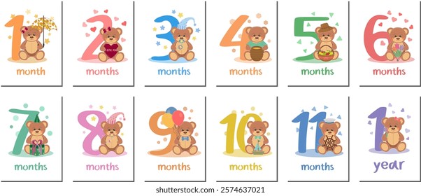 Teddy bears postcards. Vector illustration design. Birthday numbers. Baby's First Year Milestone Cards