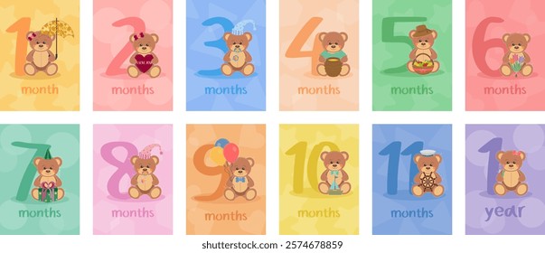 Teddy bears postcards. Vector illustration design. Birthday numbers. Baby's First Year Milestone Cards