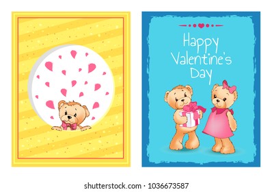Teddy bears with presents for Happy Valentines Day, cartoon posters