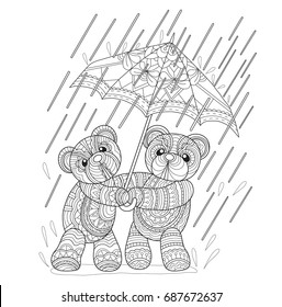 Teddybären im Regen. Zentangle stylisierte Cartoon einzeln auf weißem Hintergrund. Handgezeichnete Skizze-Illustration für das Farbbuch für Erwachsene, T-Shirt-Emblem, Logo oder Tätowierung.