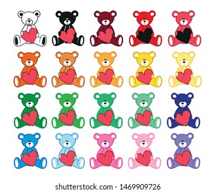 Teddy bears with red heart - simple drawing - multiple colors