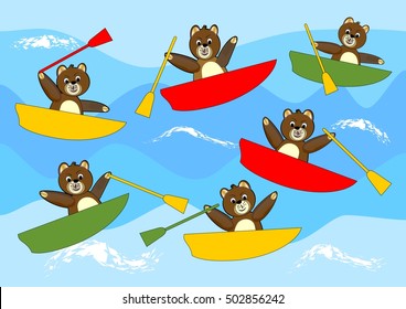 Teddy bears rowing cheerful multicolored boats and competing on sea waves. Beautiful children illustration.