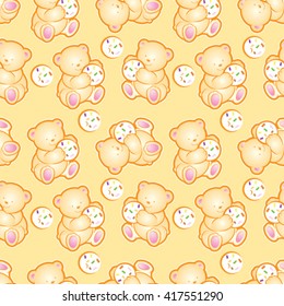 Teddy bears seamless pattern. Kids wallpaper or fabric. Yellow bears with cookie on a light background. Cartoons.