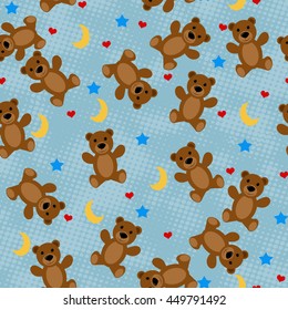 Teddy bears seamless pattern with moon, stars and hearts on blue background, vector illustration