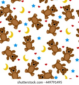 Teddy bears seamless pattern with moon, stars and hearts on white background, vector illustration