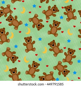 Teddy bears seamless pattern with moon, stars and hearts on green background, vector illustration